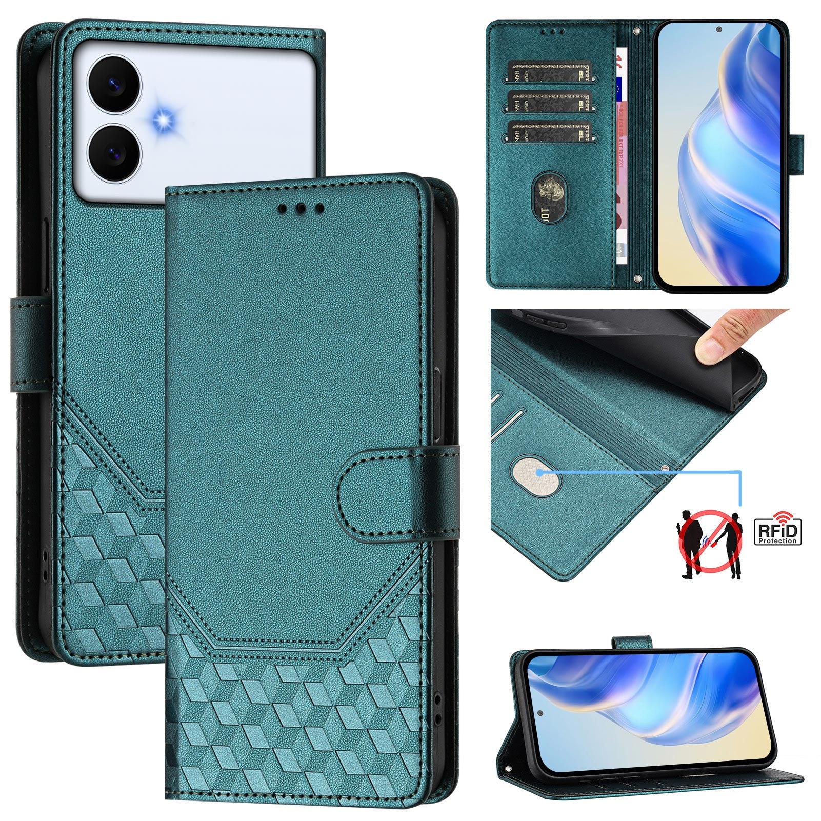 For-Samsung-Galaxy-S26-Edge-Case-Imprinted-Honeycomb-RFID-Blocking-Leather-Phone-Cover-with-Strap-Green