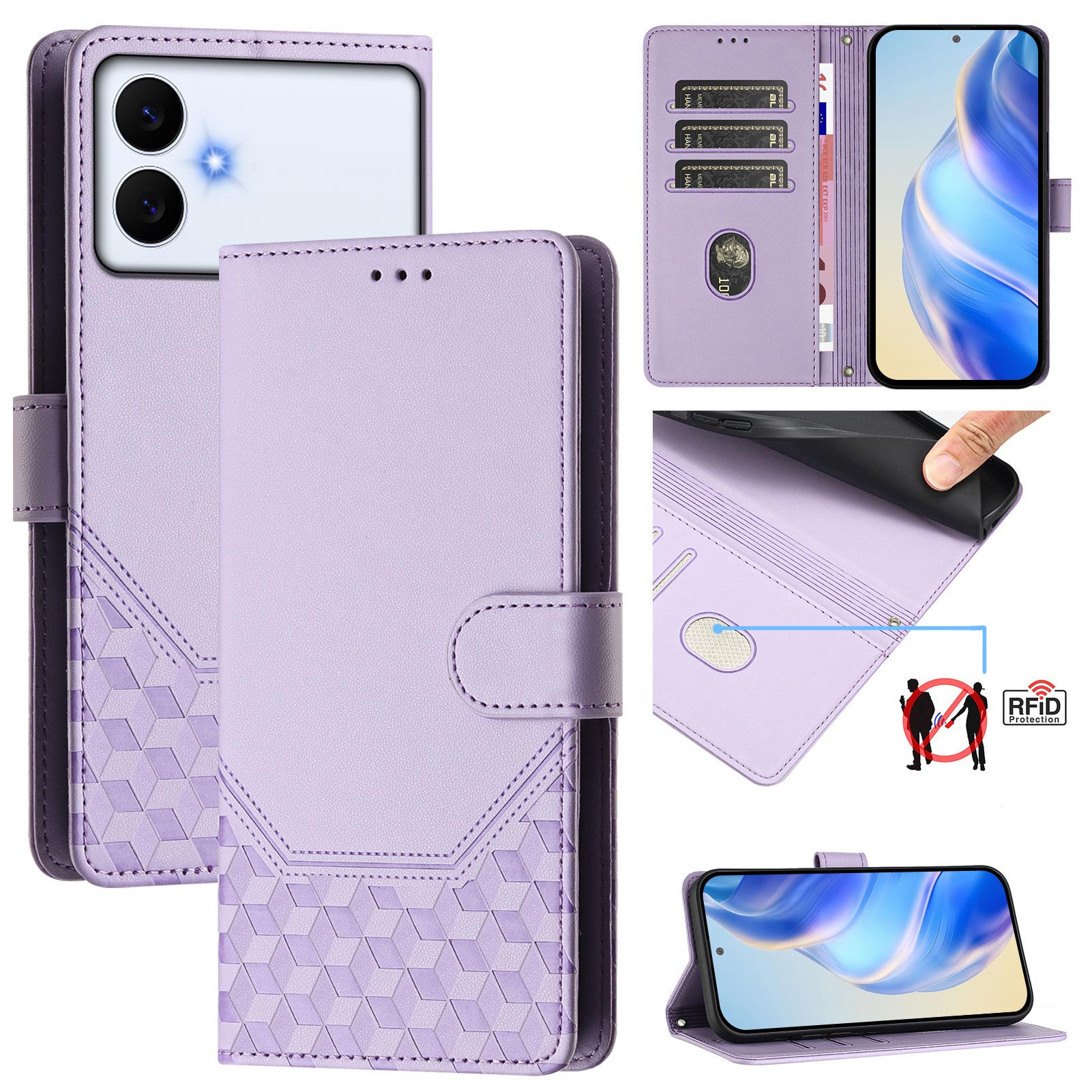 For-Samsung-Galaxy-S26-Edge-Case-Imprinted-Honeycomb-RFID-Blocking-Leather-Phone-Cover-with-Strap-Light-Purple