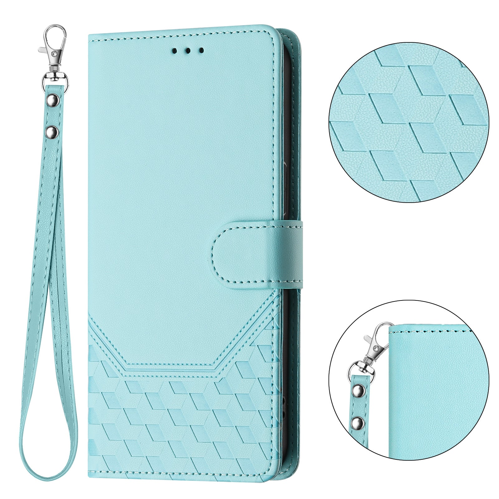 For-Samsung-Galaxy-S26-Edge-Case-Imprinted-Honeycomb-RFID-Blocking-Leather-Phone-Cover-with-Strap-Mint-Green