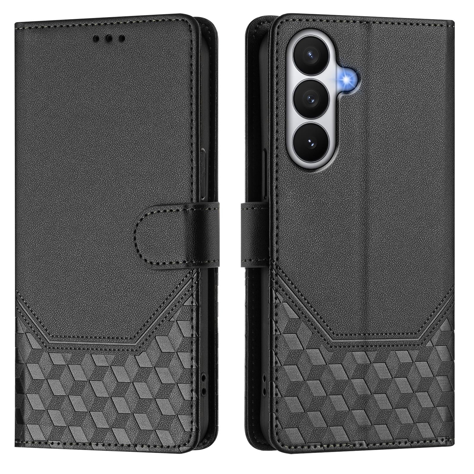 For-Samsung-Galaxy-S26-/-S26-Pro-Case-Imprinted-Honeycomb-RFID-Blocking-Leather-Phone-Cover-with-Strap-Black
