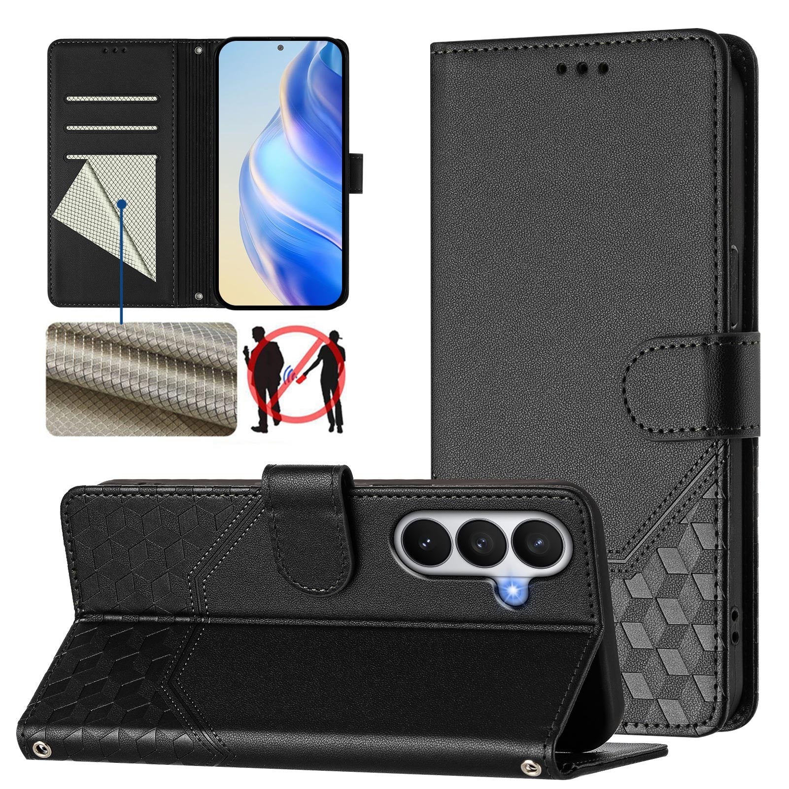 For-Samsung-Galaxy-S26-/-S26-Pro-Case-Imprinted-Honeycomb-RFID-Blocking-Leather-Phone-Cover-with-Strap-Black