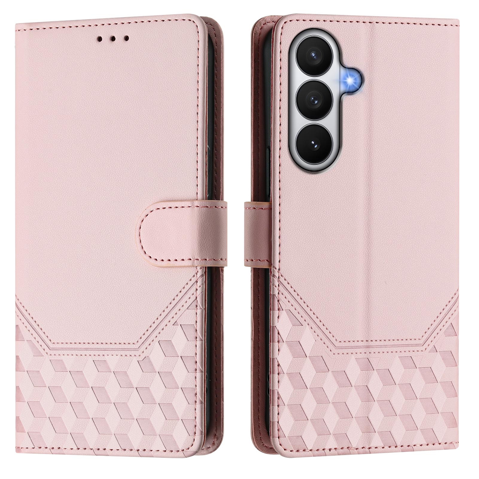 For-Samsung-Galaxy-S26-/-S26-Pro-Case-Imprinted-Honeycomb-RFID-Blocking-Leather-Phone-Cover-with-Strap-Pink