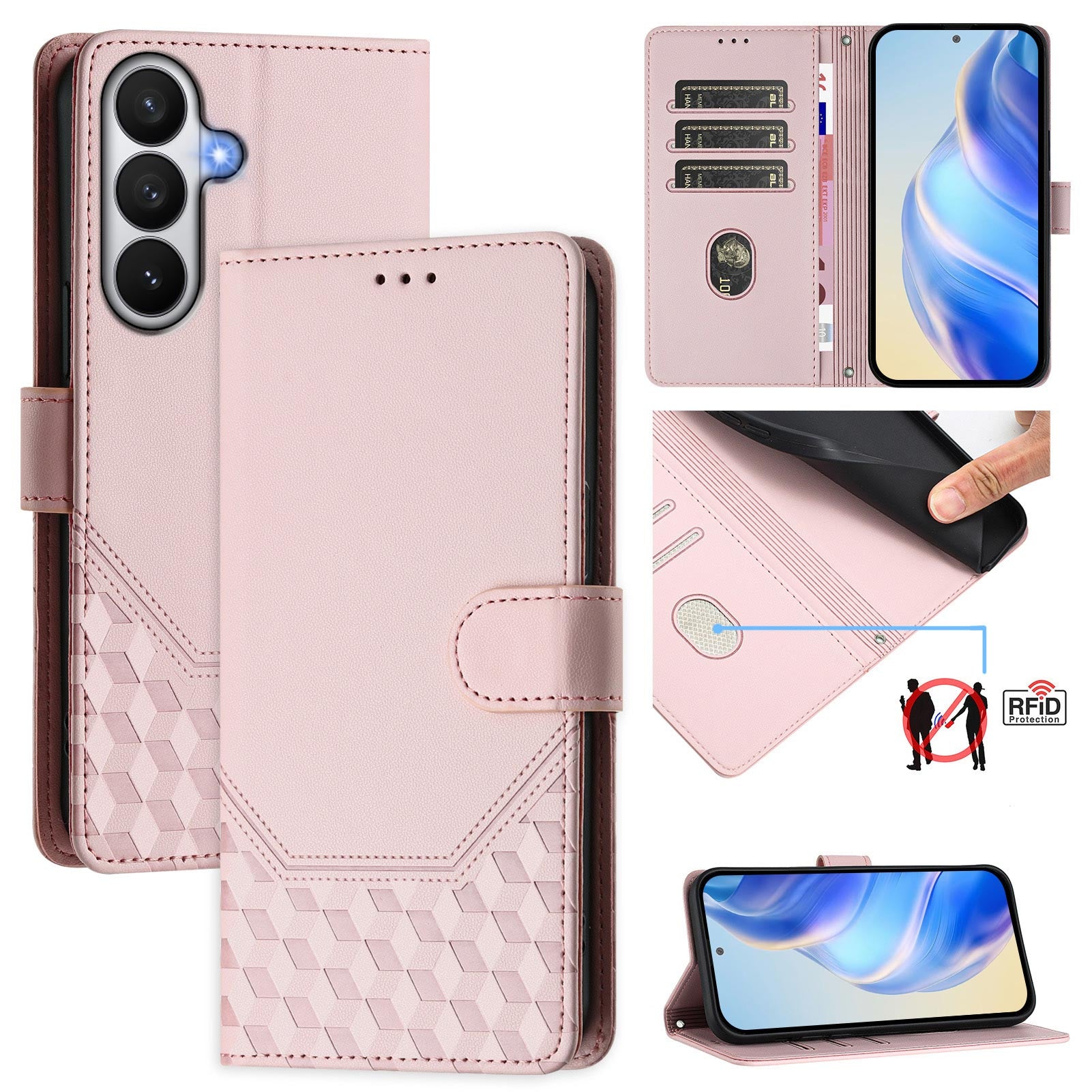 For-Samsung-Galaxy-S26-/-S26-Pro-Case-Imprinted-Honeycomb-RFID-Blocking-Leather-Phone-Cover-with-Strap-Pink