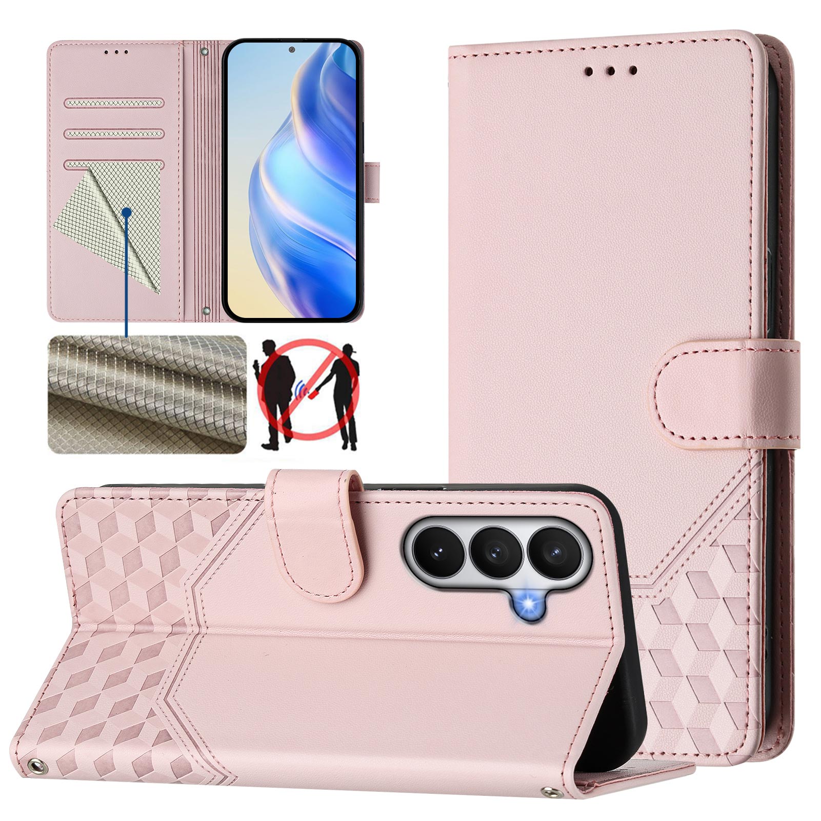 For-Samsung-Galaxy-S26-/-S26-Pro-Case-Imprinted-Honeycomb-RFID-Blocking-Leather-Phone-Cover-with-Strap-Pink