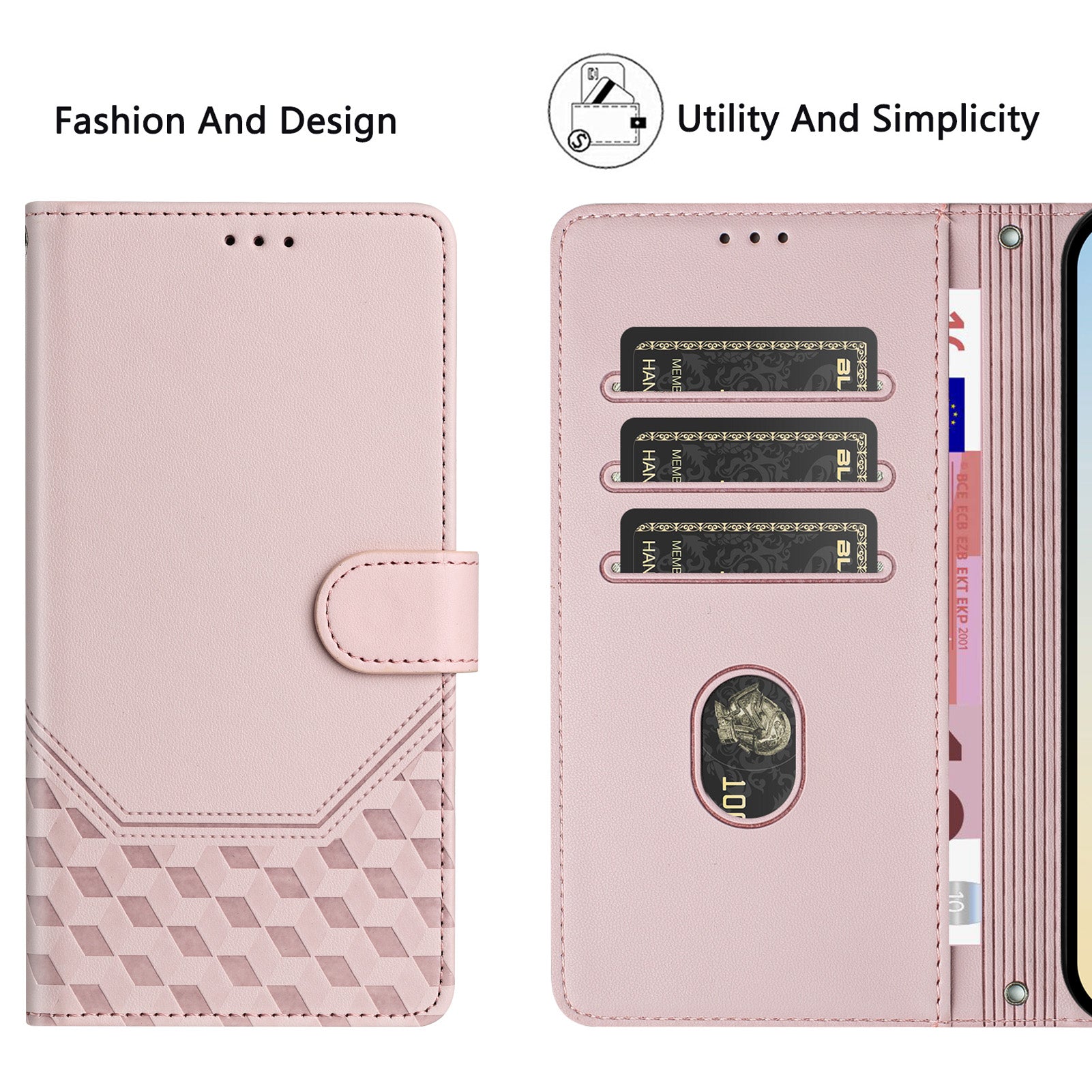 For-Samsung-Galaxy-S26-/-S26-Pro-Case-Imprinted-Honeycomb-RFID-Blocking-Leather-Phone-Cover-with-Strap-Pink