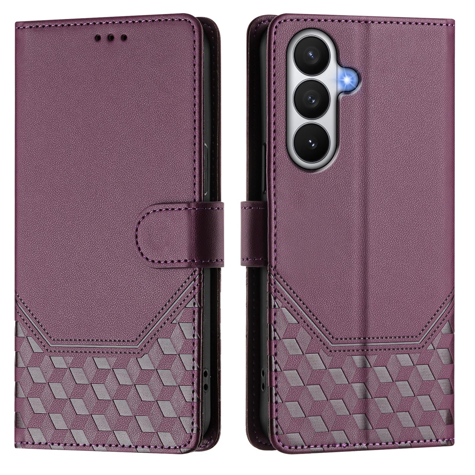 For-Samsung-Galaxy-S26-/-S26-Pro-Case-Imprinted-Honeycomb-RFID-Blocking-Leather-Phone-Cover-with-Strap-Dark-Purple