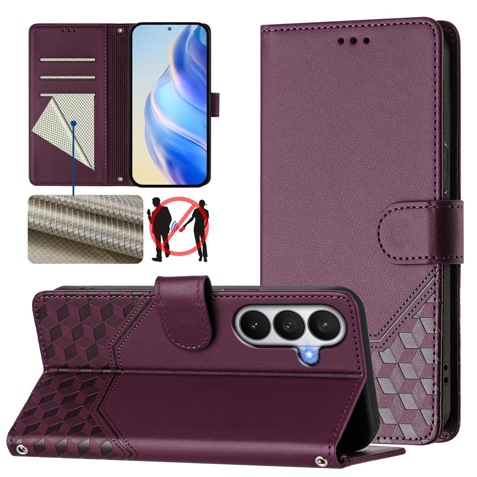For-Samsung-Galaxy-S26-/-S26-Pro-Case-Imprinted-Honeycomb-RFID-Blocking-Leather-Phone-Cover-with-Strap-Dark-Purple