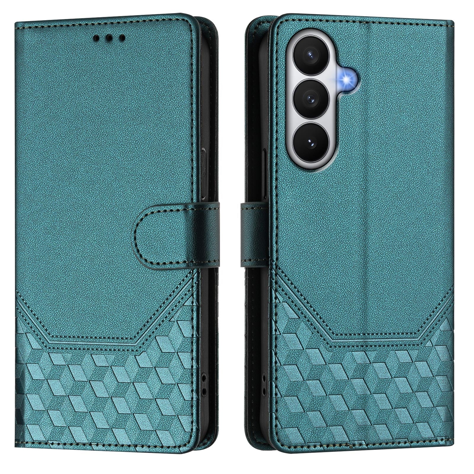 For-Samsung-Galaxy-S26-/-S26-Pro-Case-Imprinted-Honeycomb-RFID-Blocking-Leather-Phone-Cover-with-Strap-Green