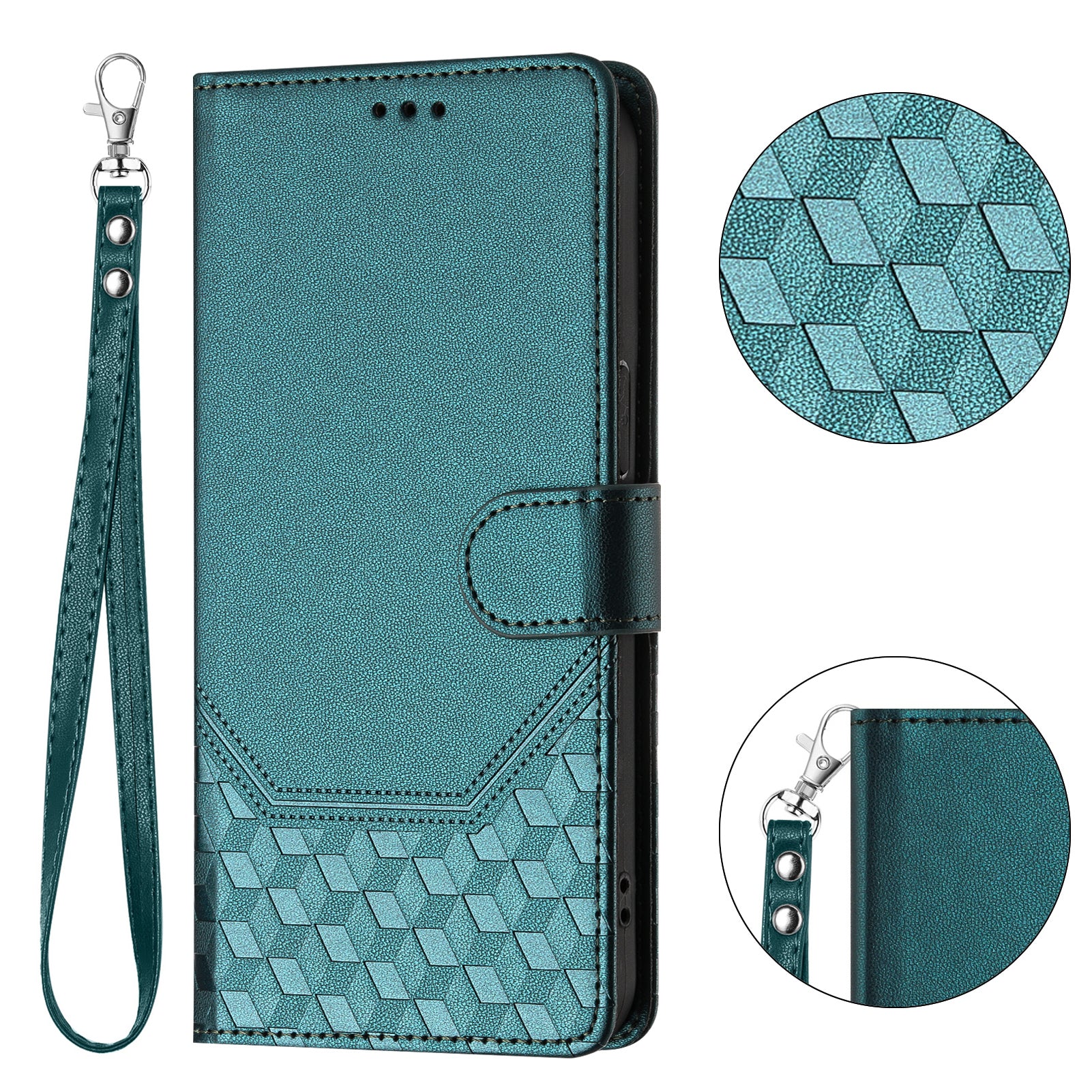 For-Samsung-Galaxy-S26-/-S26-Pro-Case-Imprinted-Honeycomb-RFID-Blocking-Leather-Phone-Cover-with-Strap-Green