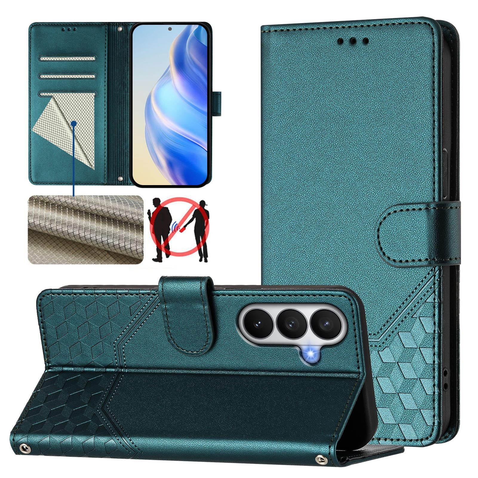 For-Samsung-Galaxy-S26-/-S26-Pro-Case-Imprinted-Honeycomb-RFID-Blocking-Leather-Phone-Cover-with-Strap-Green