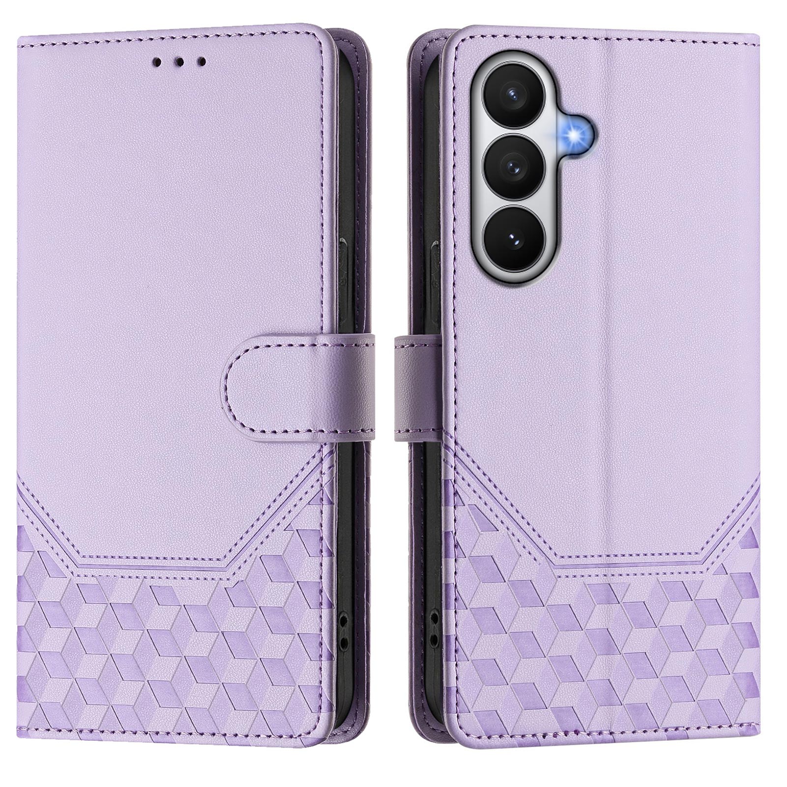 For-Samsung-Galaxy-S26-/-S26-Pro-Case-Imprinted-Honeycomb-RFID-Blocking-Leather-Phone-Cover-with-Strap-Light-Purple