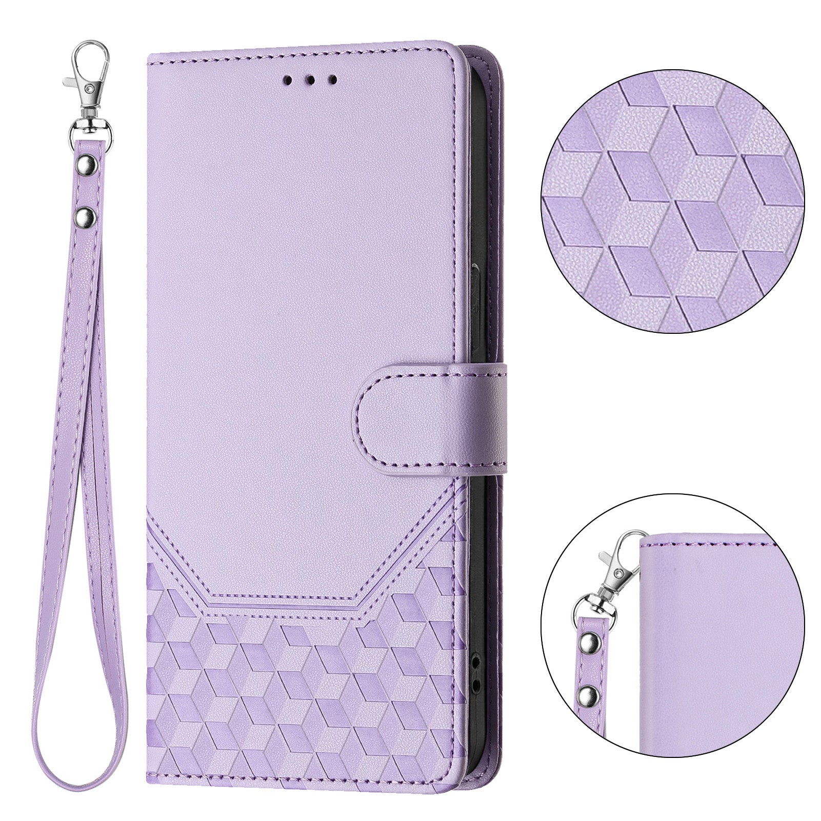 For-Samsung-Galaxy-S26-/-S26-Pro-Case-Imprinted-Honeycomb-RFID-Blocking-Leather-Phone-Cover-with-Strap-Light-Purple