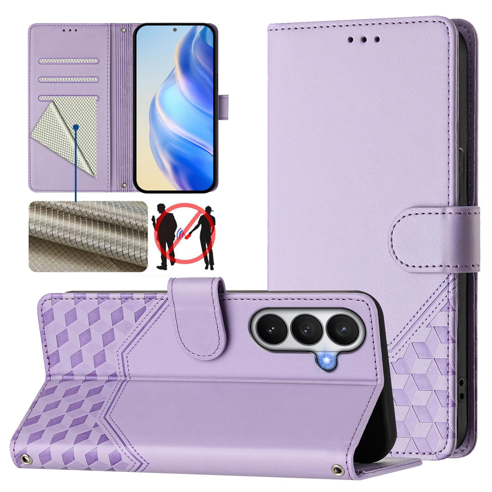 For-Samsung-Galaxy-S26-/-S26-Pro-Case-Imprinted-Honeycomb-RFID-Blocking-Leather-Phone-Cover-with-Strap-Light-Purple