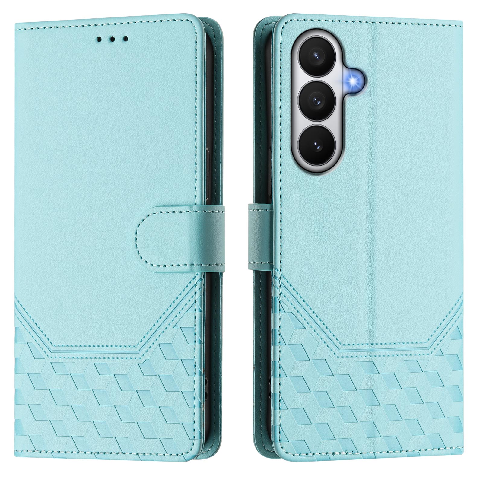 For-Samsung-Galaxy-S26-/-S26-Pro-Case-Imprinted-Honeycomb-RFID-Blocking-Leather-Phone-Cover-with-Strap-Mint-Green