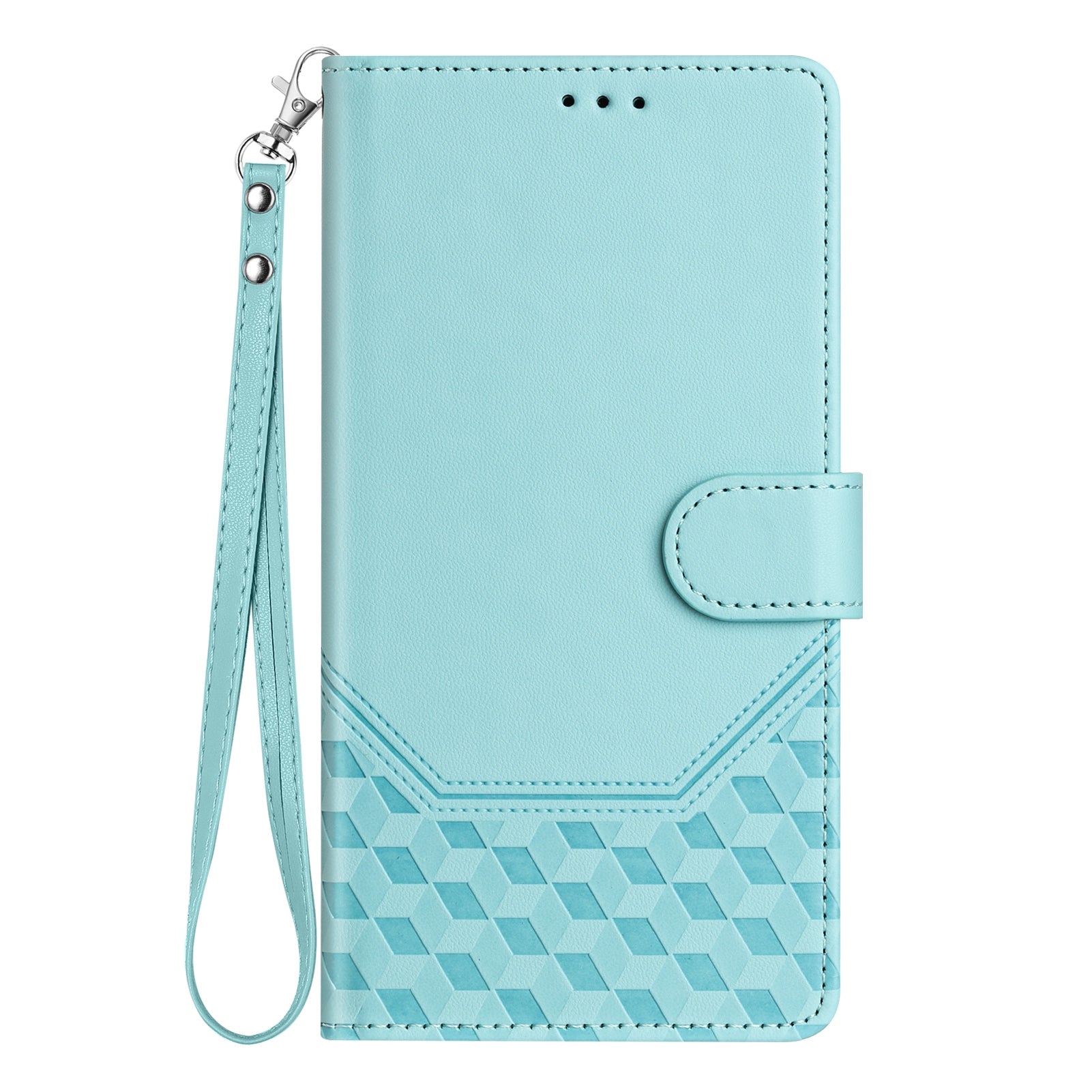 For-Samsung-Galaxy-S26-/-S26-Pro-Case-Imprinted-Honeycomb-RFID-Blocking-Leather-Phone-Cover-with-Strap-Mint-Green