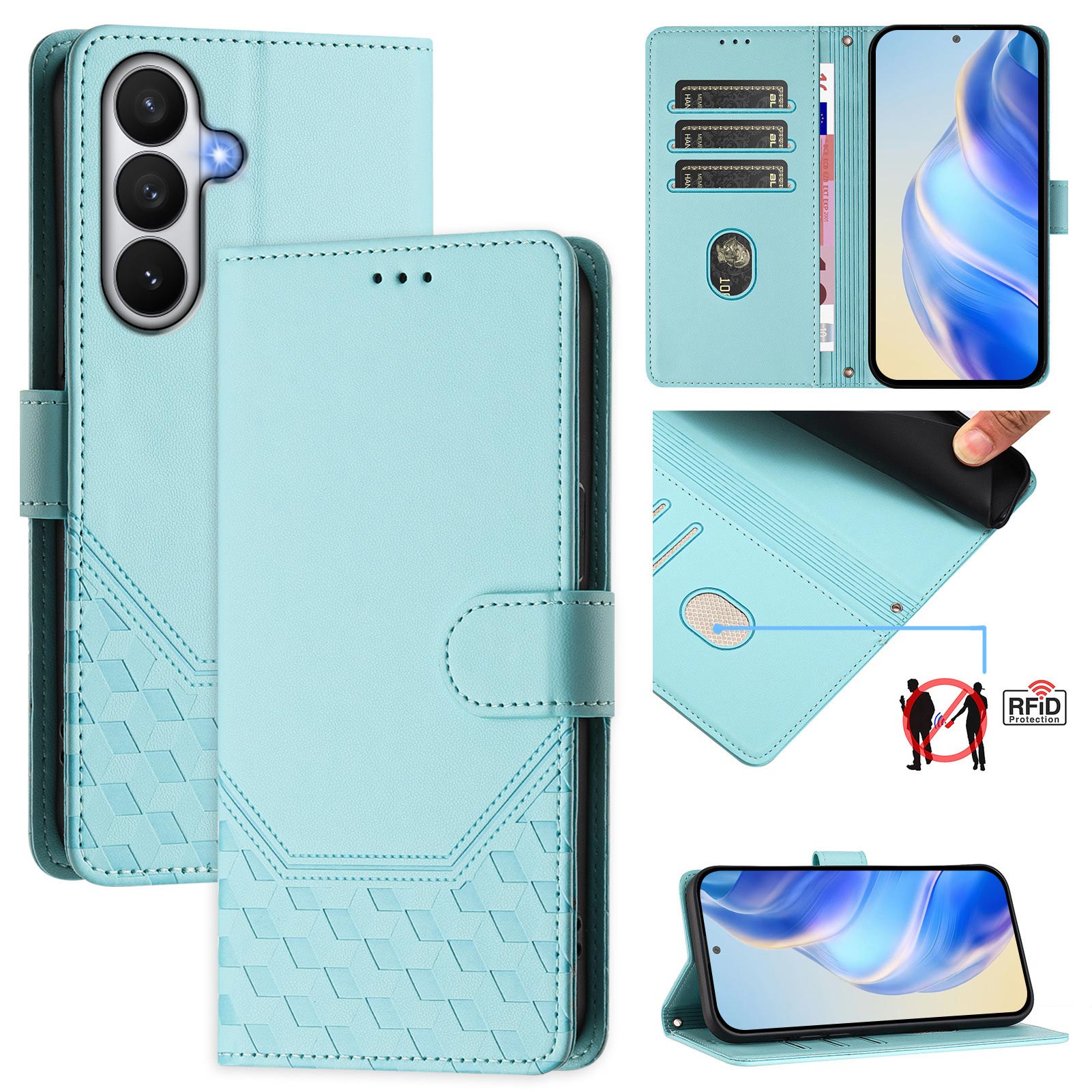 For-Samsung-Galaxy-S26-/-S26-Pro-Case-Imprinted-Honeycomb-RFID-Blocking-Leather-Phone-Cover-with-Strap-Mint-Green