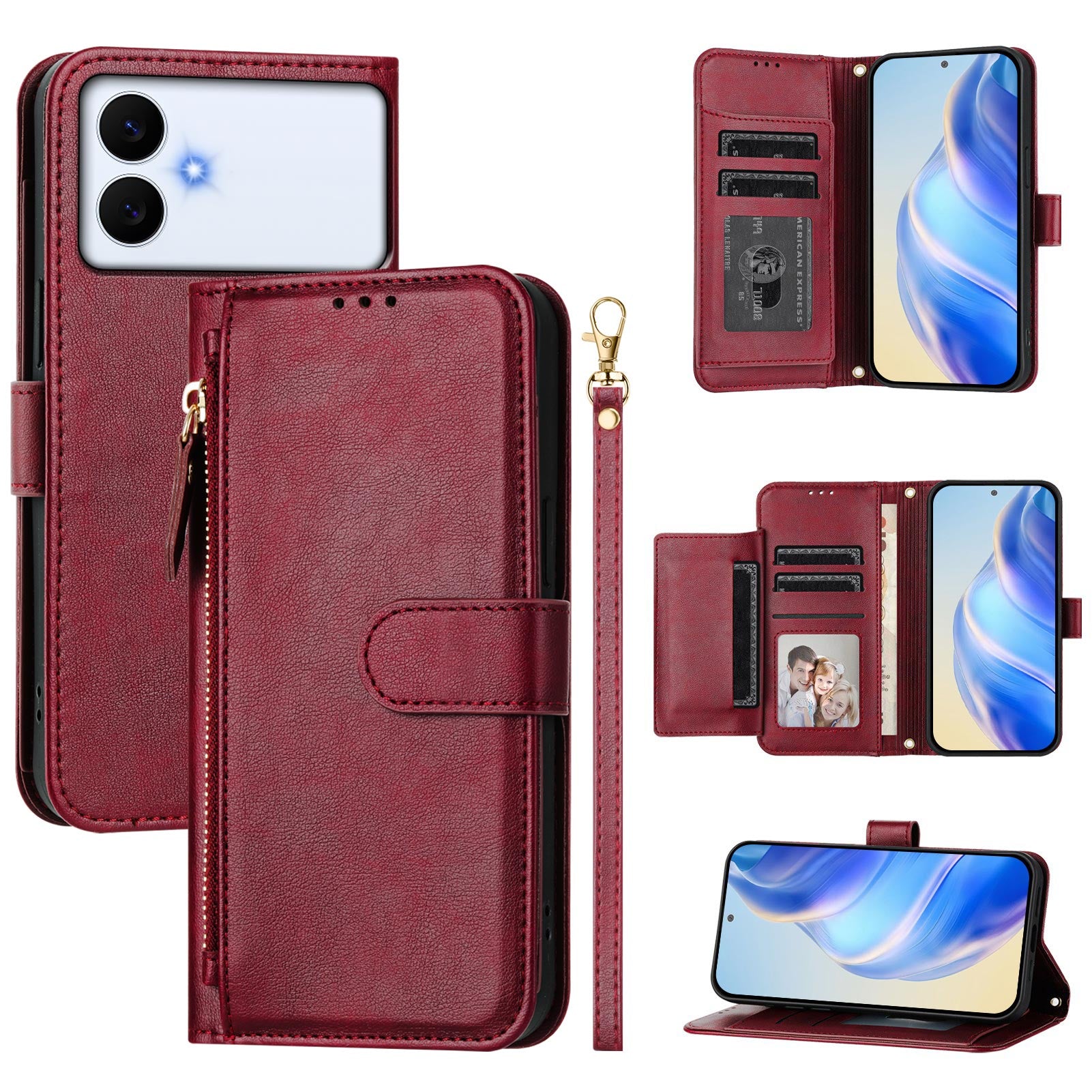 For-Samsung-Galaxy-S26-Edge-Case-Zipper-Pocket-Multiple-Card-Slots-Leather-Phone-Cover-Red