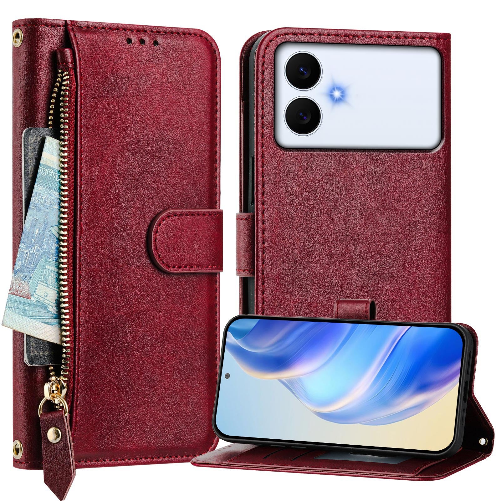 For-Samsung-Galaxy-S26-Edge-Case-Zipper-Pocket-Multiple-Card-Slots-Leather-Phone-Cover-Red
