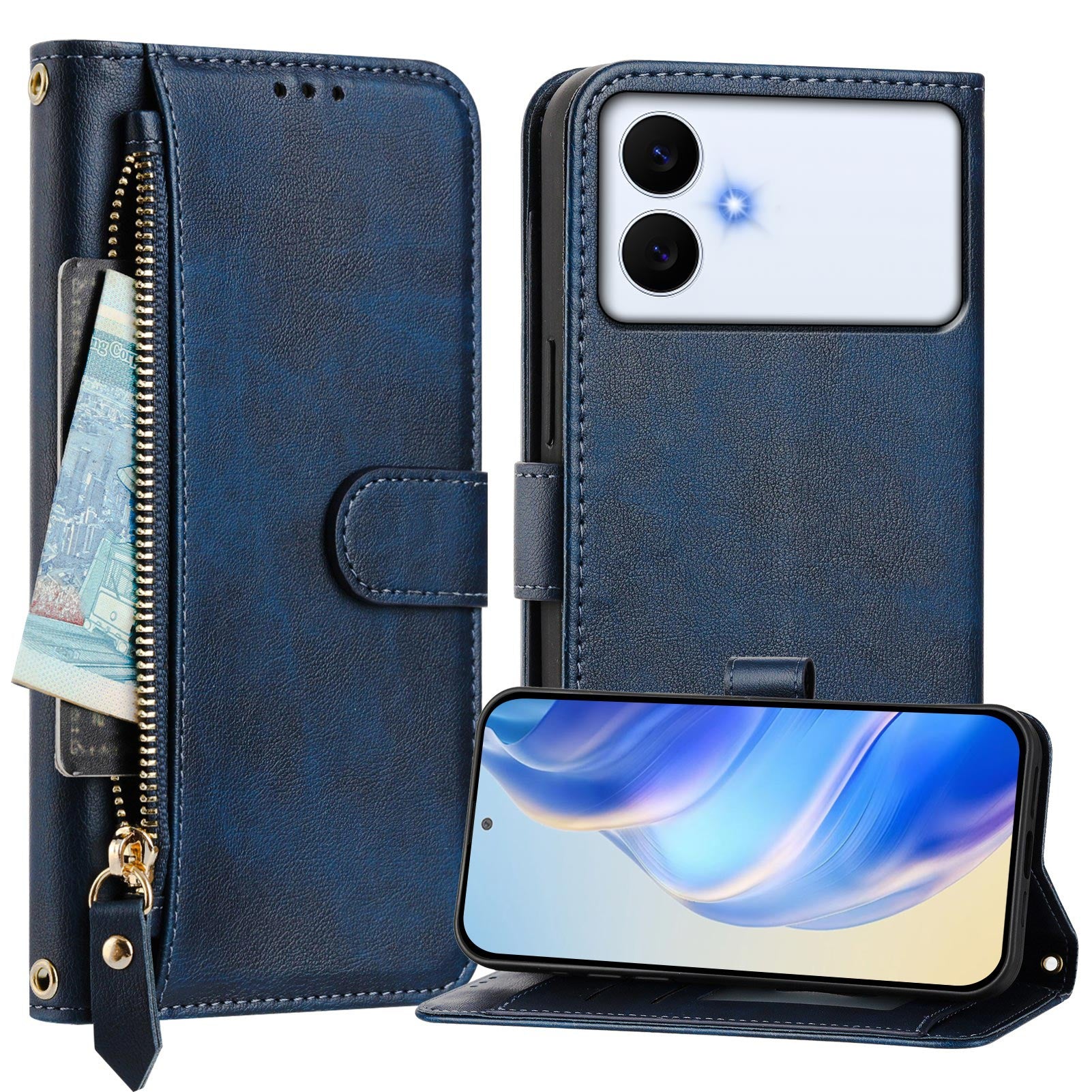 For-Samsung-Galaxy-S26-Edge-Case-Zipper-Pocket-Multiple-Card-Slots-Leather-Phone-Cover-Blue