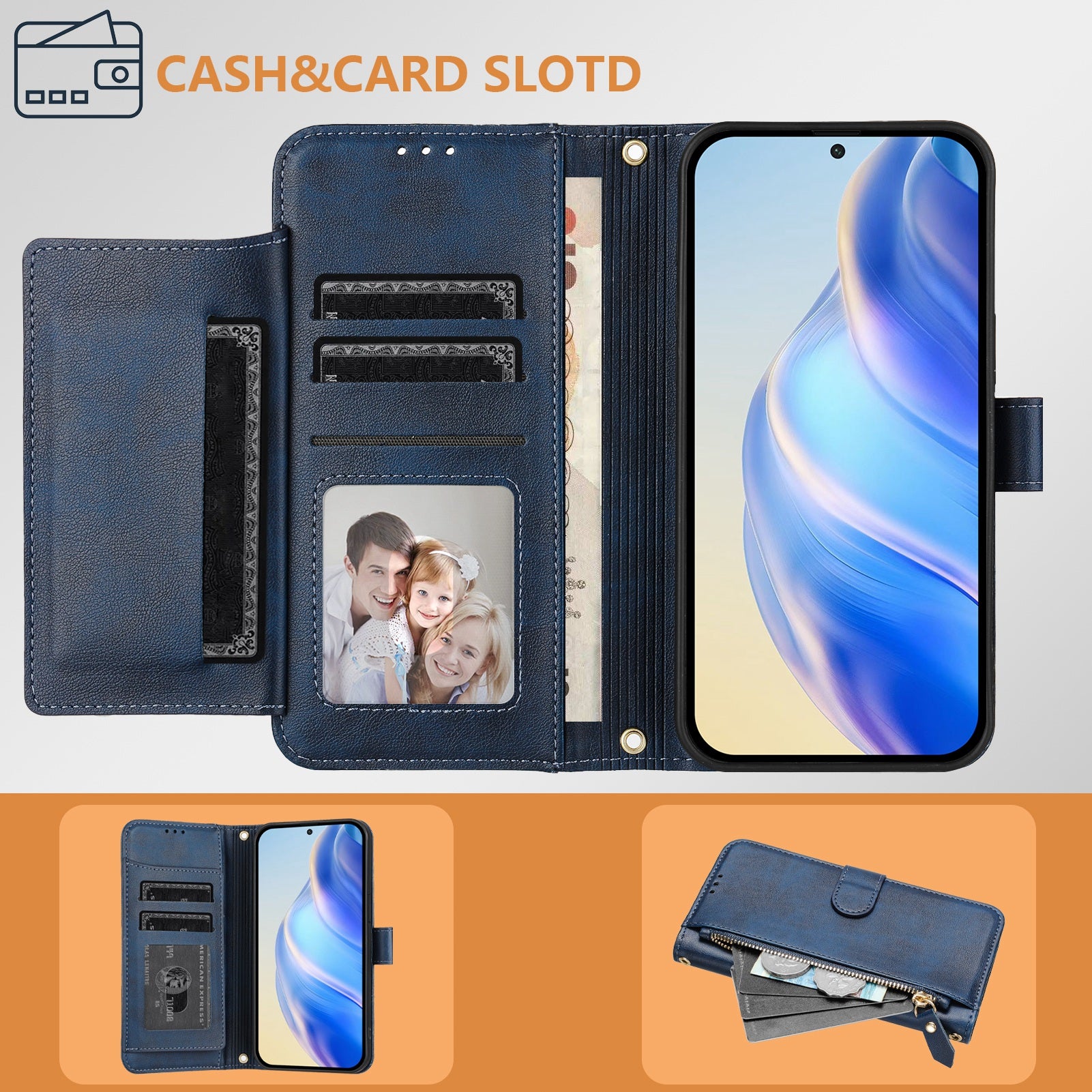 For-Samsung-Galaxy-S26-Edge-Case-Zipper-Pocket-Multiple-Card-Slots-Leather-Phone-Cover-Blue