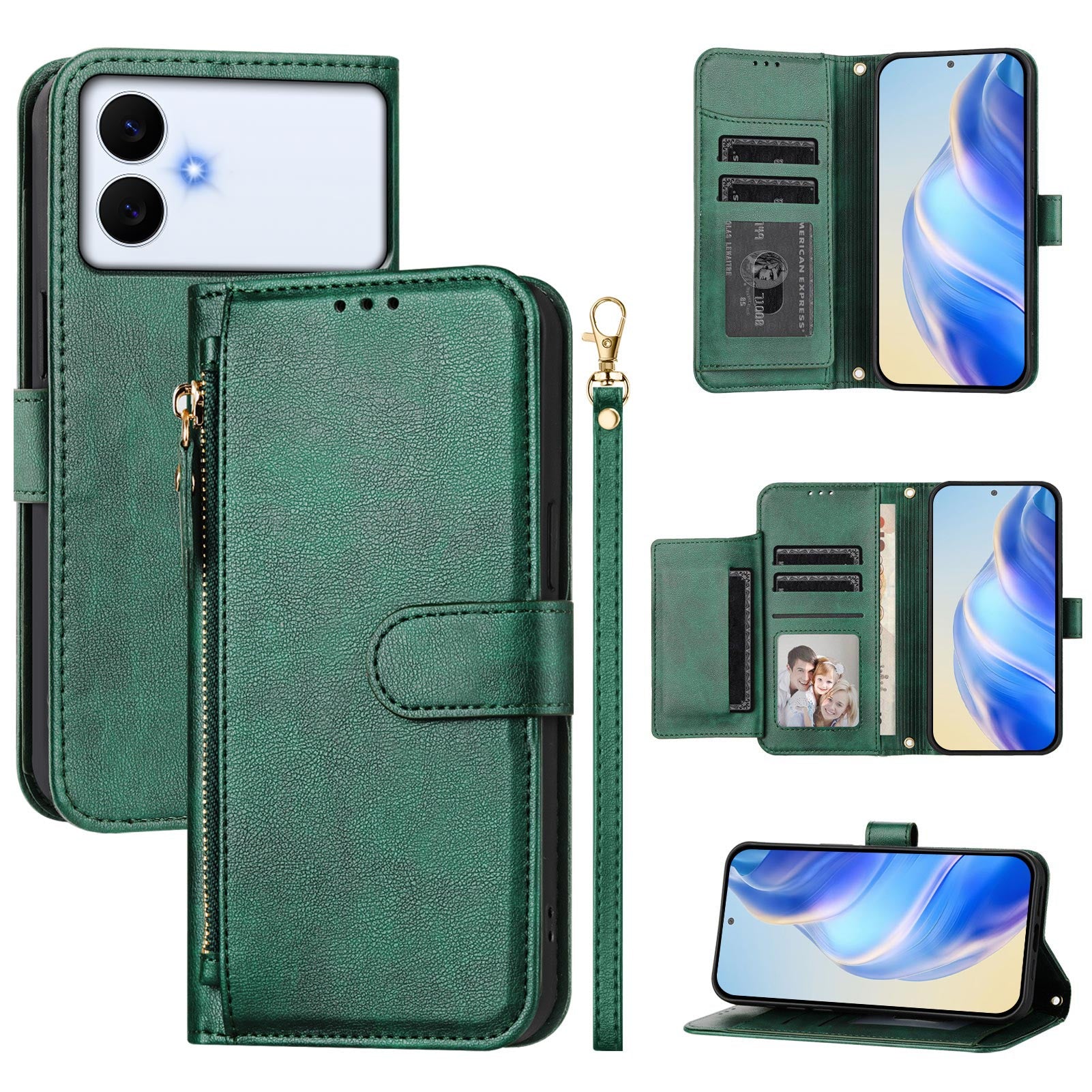 For-Samsung-Galaxy-S26-Edge-Case-Zipper-Pocket-Multiple-Card-Slots-Leather-Phone-Cover-Green