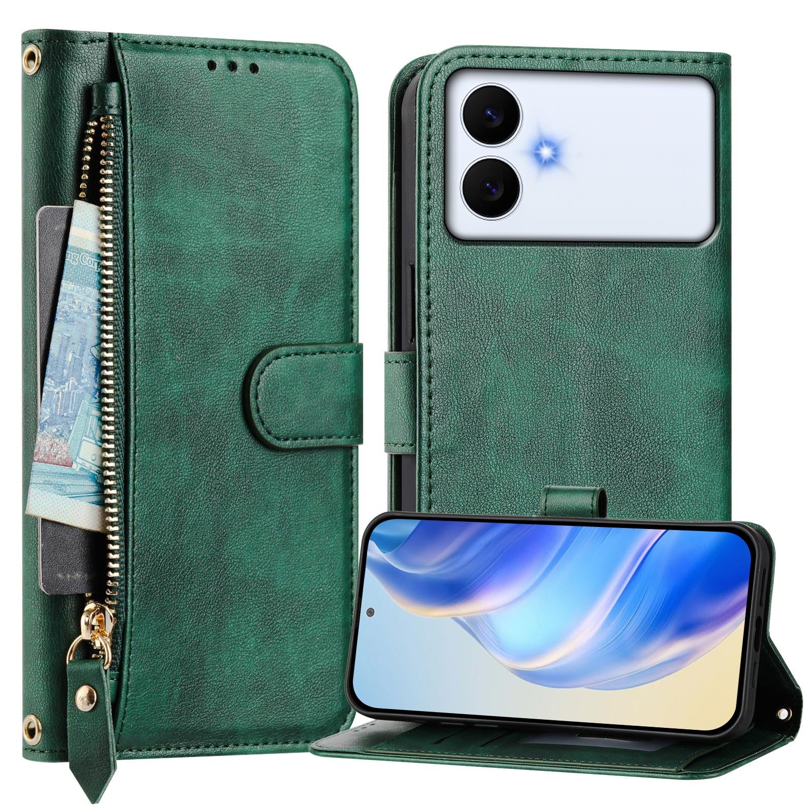 For-Samsung-Galaxy-S26-Edge-Case-Zipper-Pocket-Multiple-Card-Slots-Leather-Phone-Cover-Green