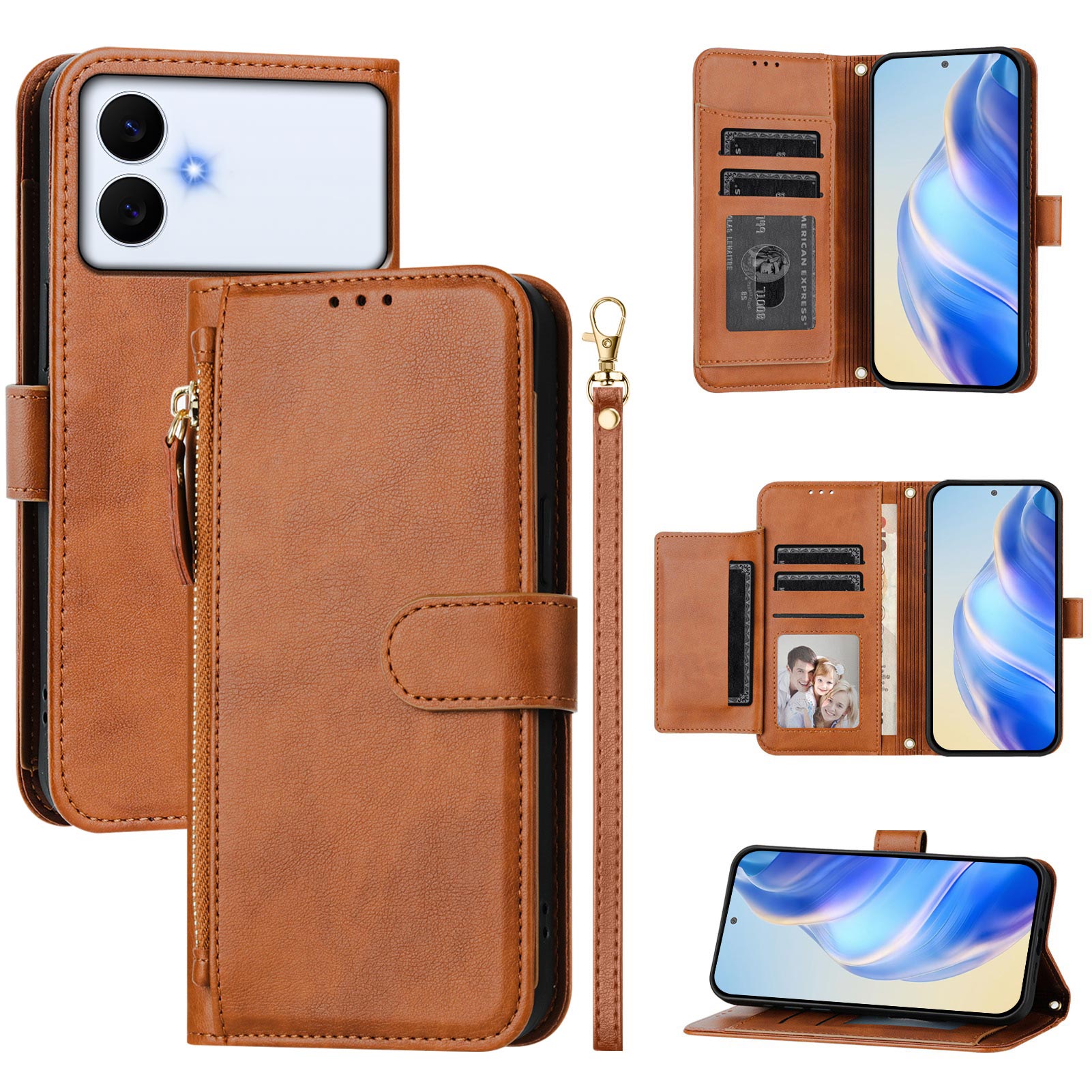 For-Samsung-Galaxy-S26-Edge-Case-Zipper-Pocket-Multiple-Card-Slots-Leather-Phone-Cover-Brown