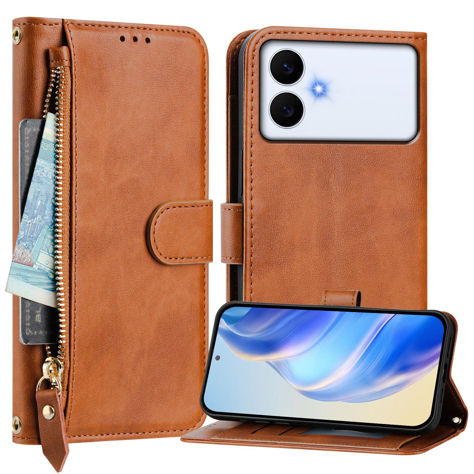 For-Samsung-Galaxy-S26-Edge-Case-Zipper-Pocket-Multiple-Card-Slots-Leather-Phone-Cover-Brown