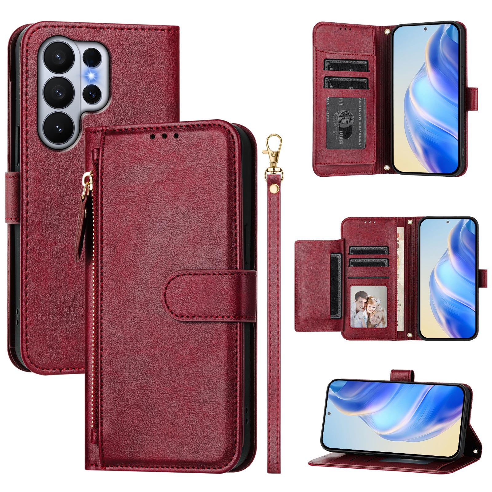 For-Samsung-Galaxy-S26-Ultra-Case-Zipper-Pocket-Multiple-Card-Slots-Leather-Phone-Cover-Red