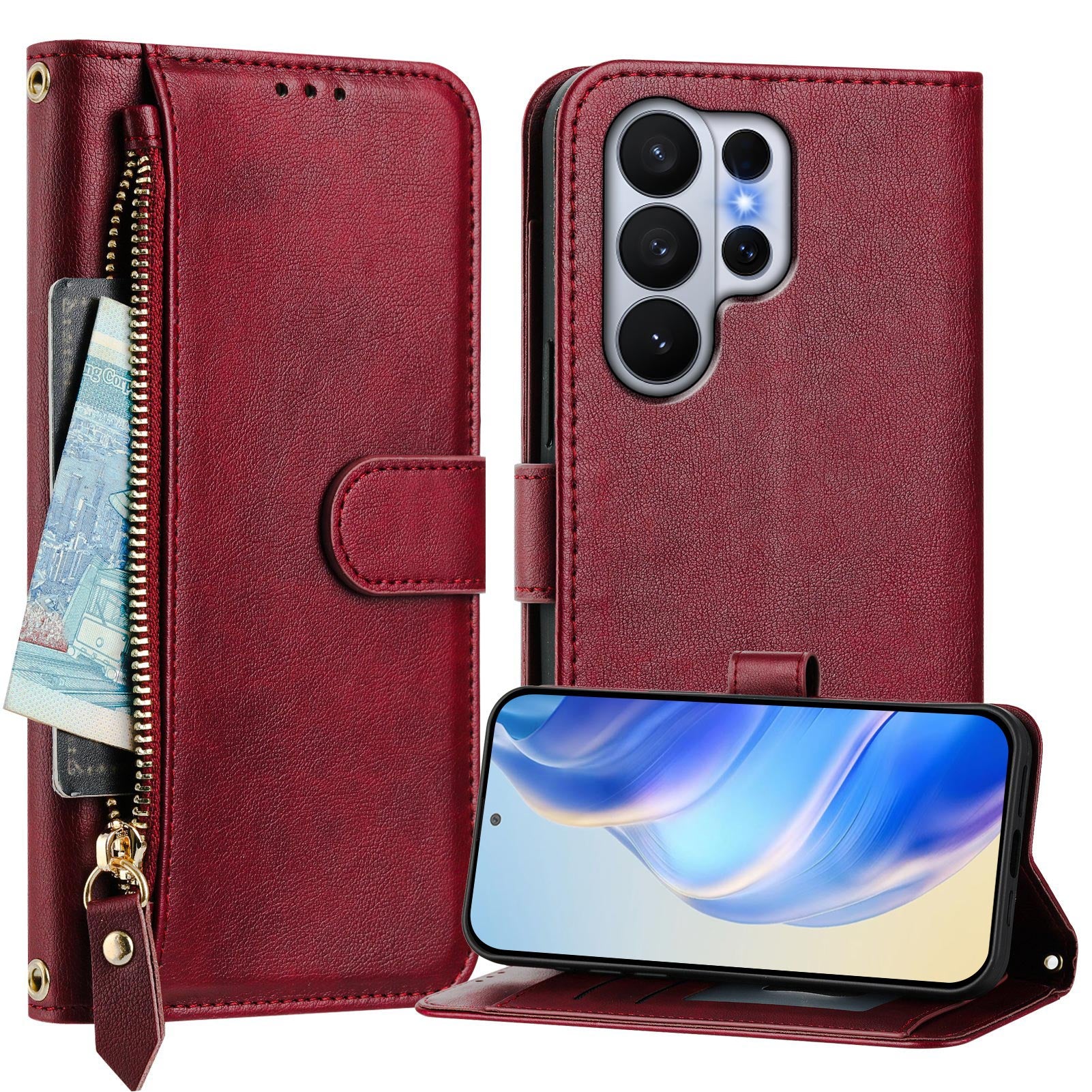 For-Samsung-Galaxy-S26-Ultra-Case-Zipper-Pocket-Multiple-Card-Slots-Leather-Phone-Cover-Red