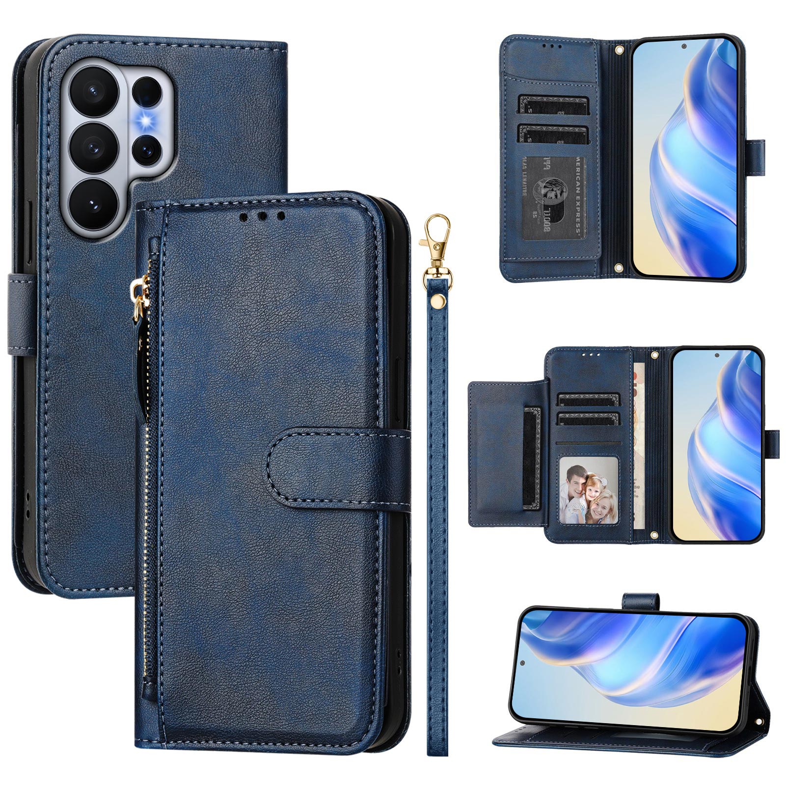 For-Samsung-Galaxy-S26-Ultra-Case-Zipper-Pocket-Multiple-Card-Slots-Leather-Phone-Cover-Blue