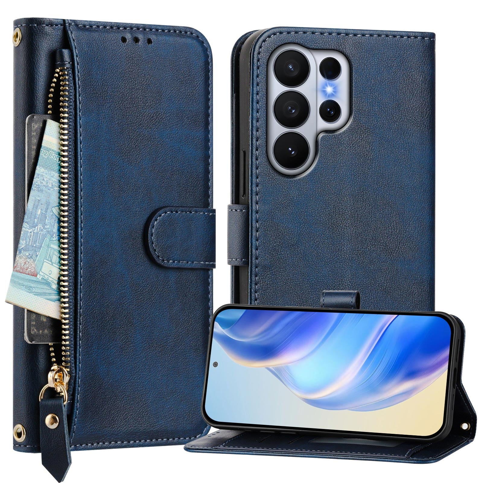 For-Samsung-Galaxy-S26-Ultra-Case-Zipper-Pocket-Multiple-Card-Slots-Leather-Phone-Cover-Blue