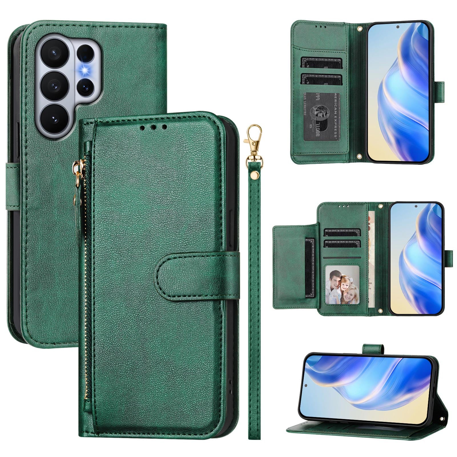 For-Samsung-Galaxy-S26-Ultra-Case-Zipper-Pocket-Multiple-Card-Slots-Leather-Phone-Cover-Green