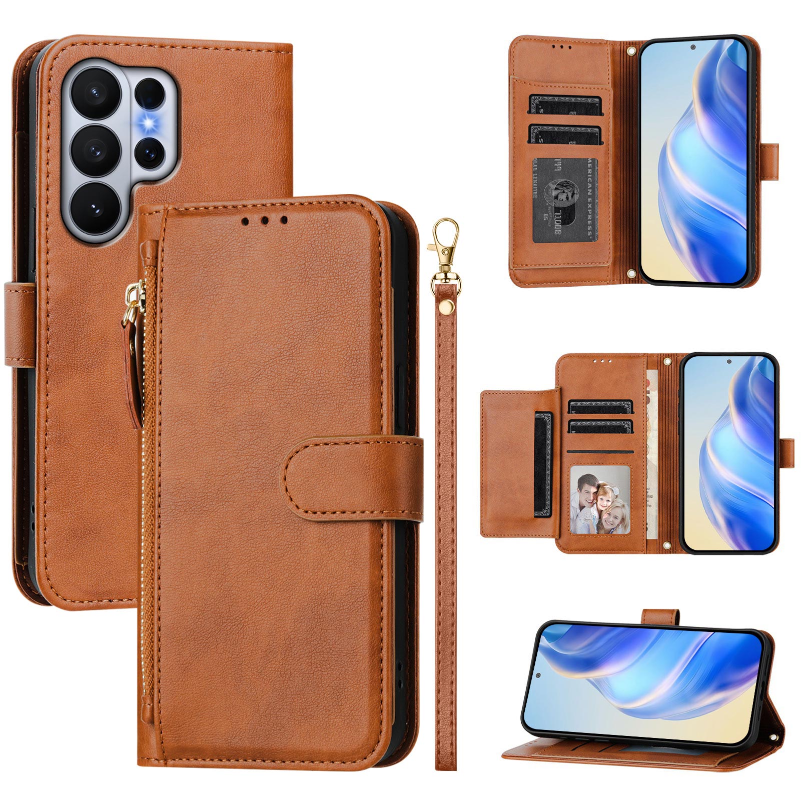 For-Samsung-Galaxy-S26-Ultra-Case-Zipper-Pocket-Multiple-Card-Slots-Leather-Phone-Cover-Brown