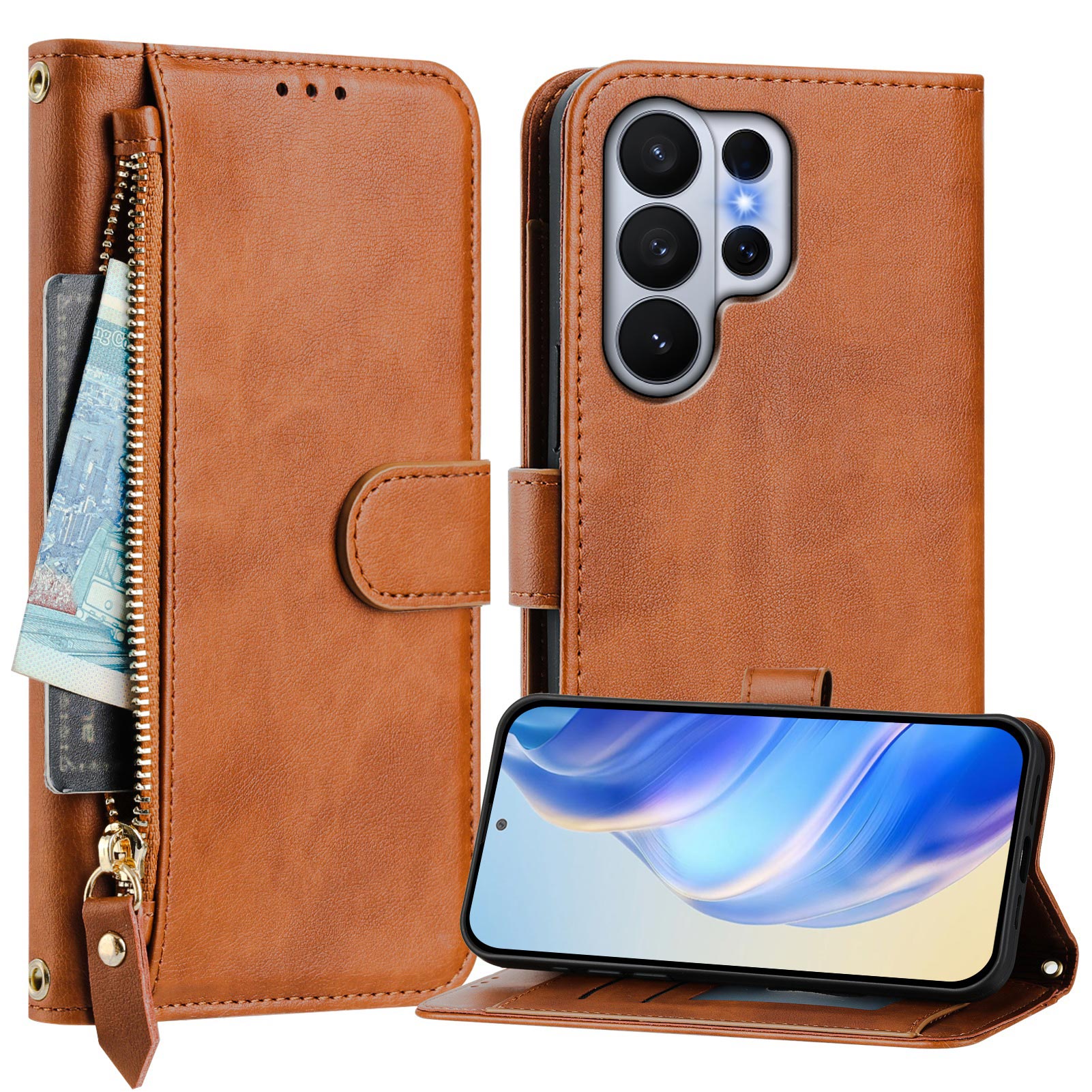 For-Samsung-Galaxy-S26-Ultra-Case-Zipper-Pocket-Multiple-Card-Slots-Leather-Phone-Cover-Brown