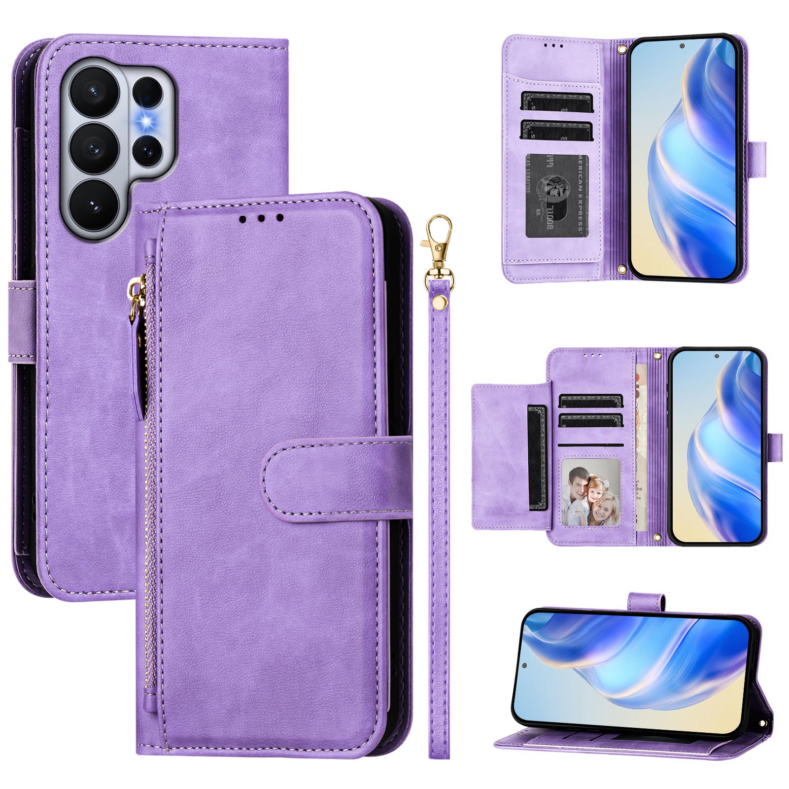 For-Samsung-Galaxy-S26-Ultra-Case-Zipper-Pocket-Multiple-Card-Slots-Leather-Phone-Cover-Purple