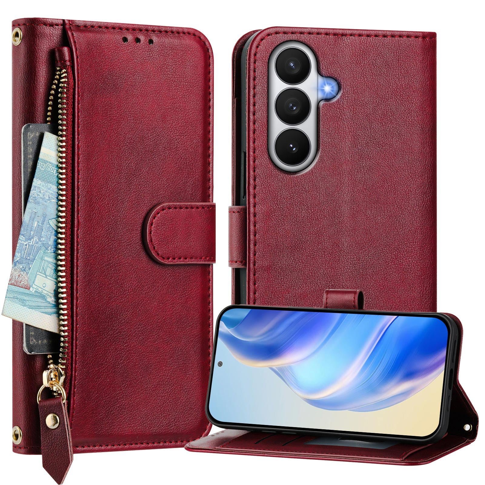For-Samsung-Galaxy-S26-/-S26-Pro-Case-Zipper-Pocket-Multiple-Card-Slots-Leather-Phone-Cover-Red