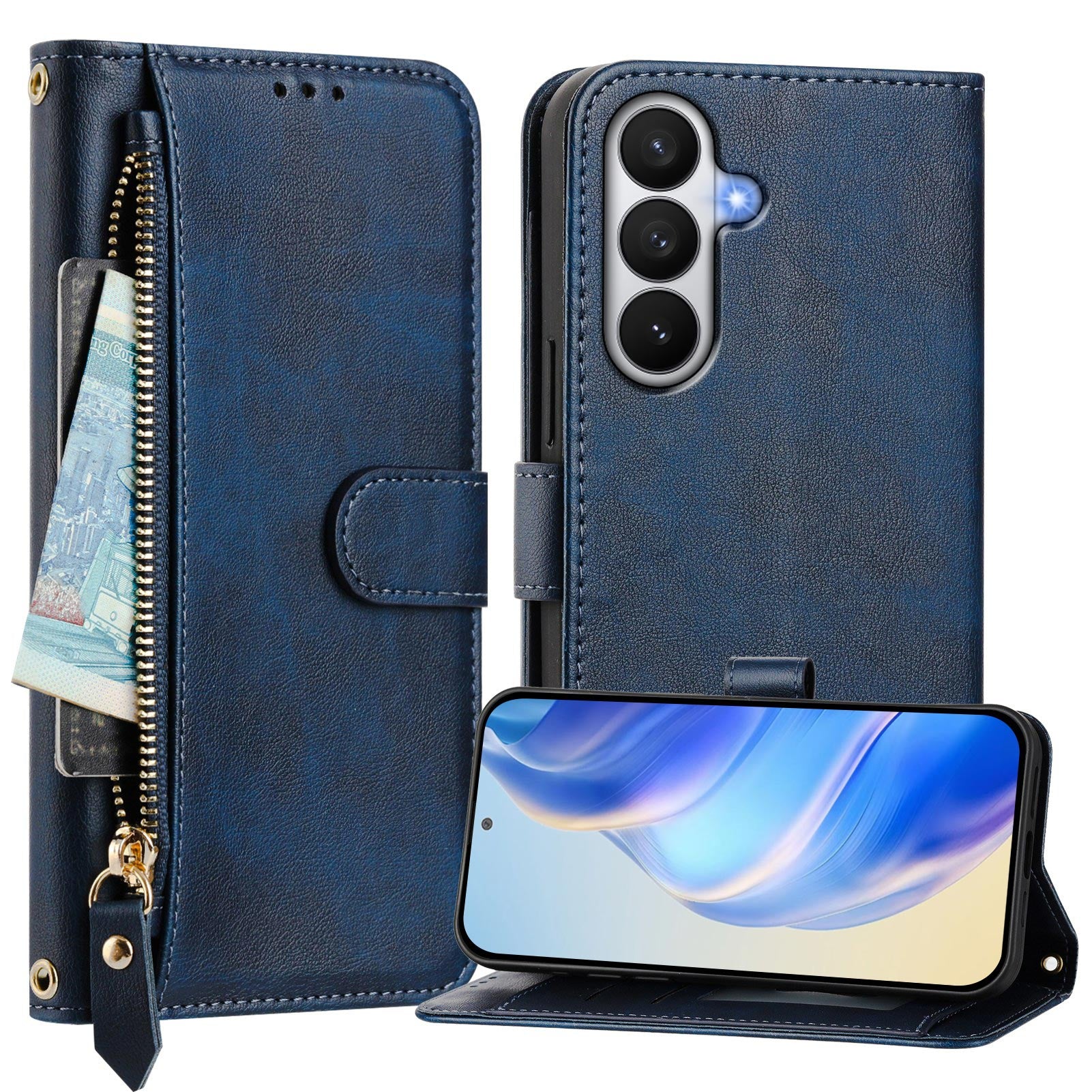 For-Samsung-Galaxy-S26-/-S26-Pro-Case-Zipper-Pocket-Multiple-Card-Slots-Leather-Phone-Cover-Blue