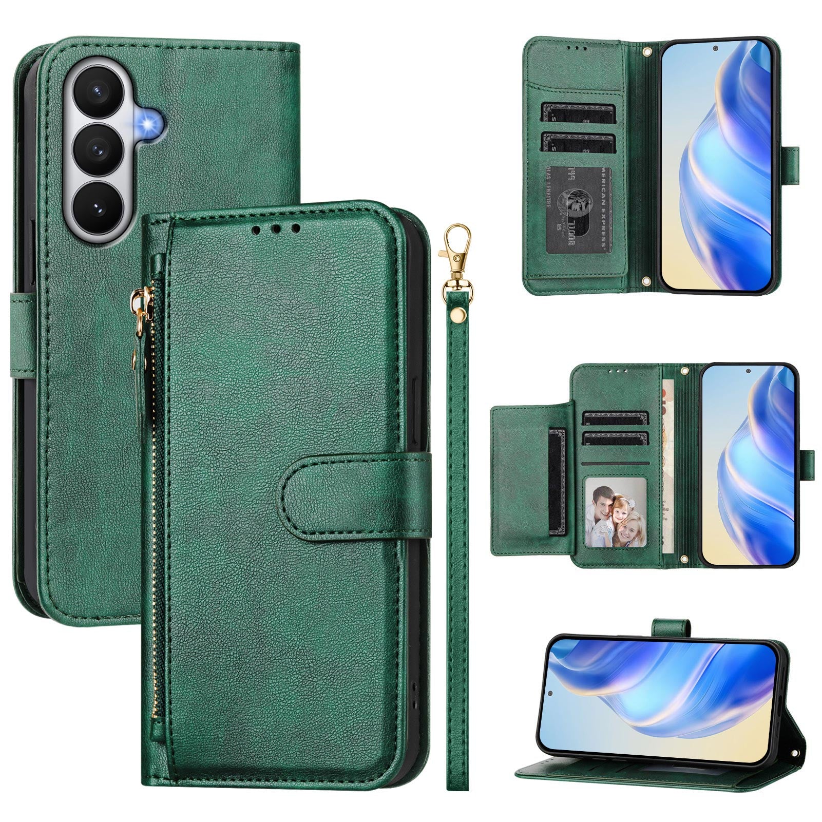 For-Samsung-Galaxy-S26-/-S26-Pro-Case-Zipper-Pocket-Multiple-Card-Slots-Leather-Phone-Cover-Green