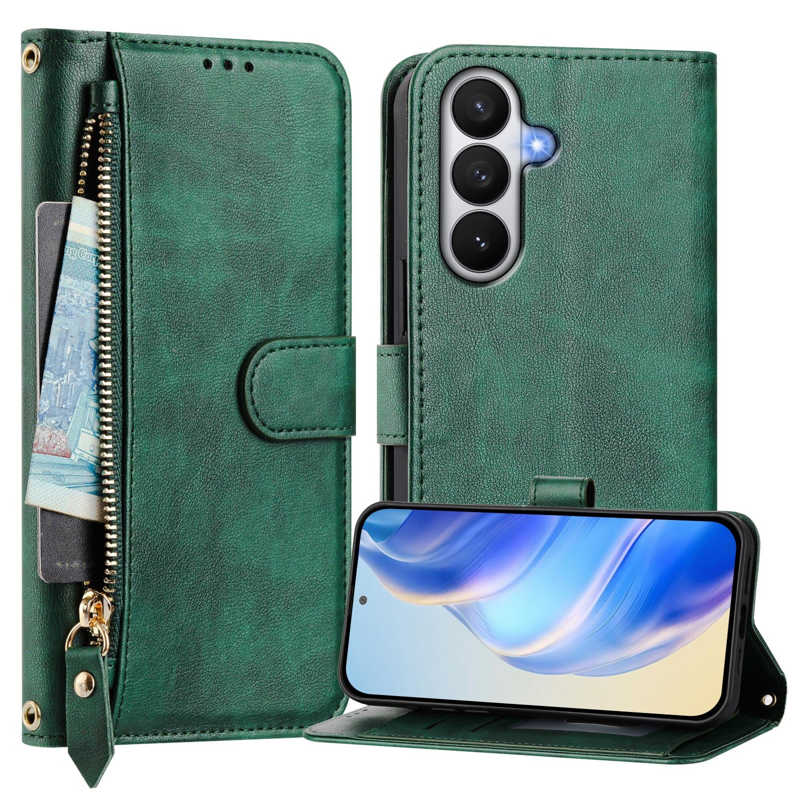 For-Samsung-Galaxy-S26-/-S26-Pro-Case-Zipper-Pocket-Multiple-Card-Slots-Leather-Phone-Cover-Green