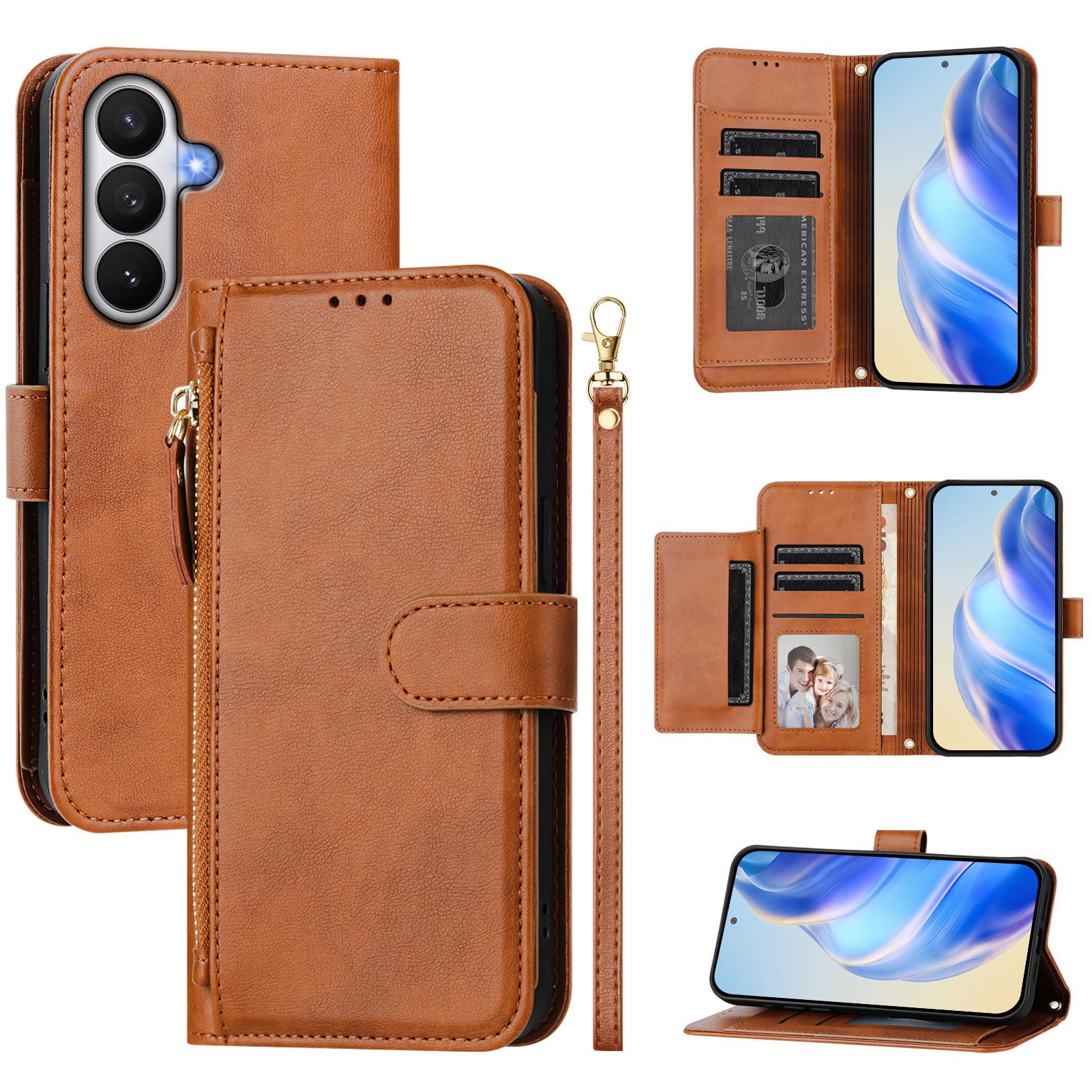 For-Samsung-Galaxy-S26-/-S26-Pro-Case-Zipper-Pocket-Multiple-Card-Slots-Leather-Phone-Cover-Brown