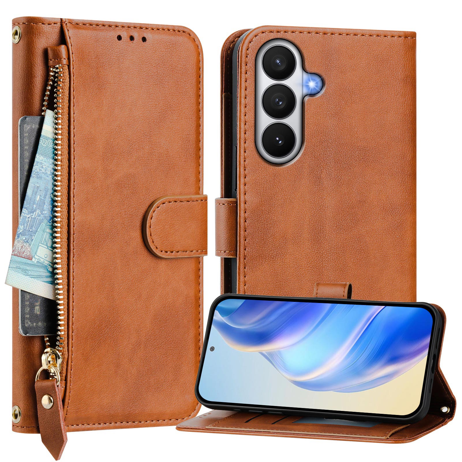 For-Samsung-Galaxy-S26-/-S26-Pro-Case-Zipper-Pocket-Multiple-Card-Slots-Leather-Phone-Cover-Brown