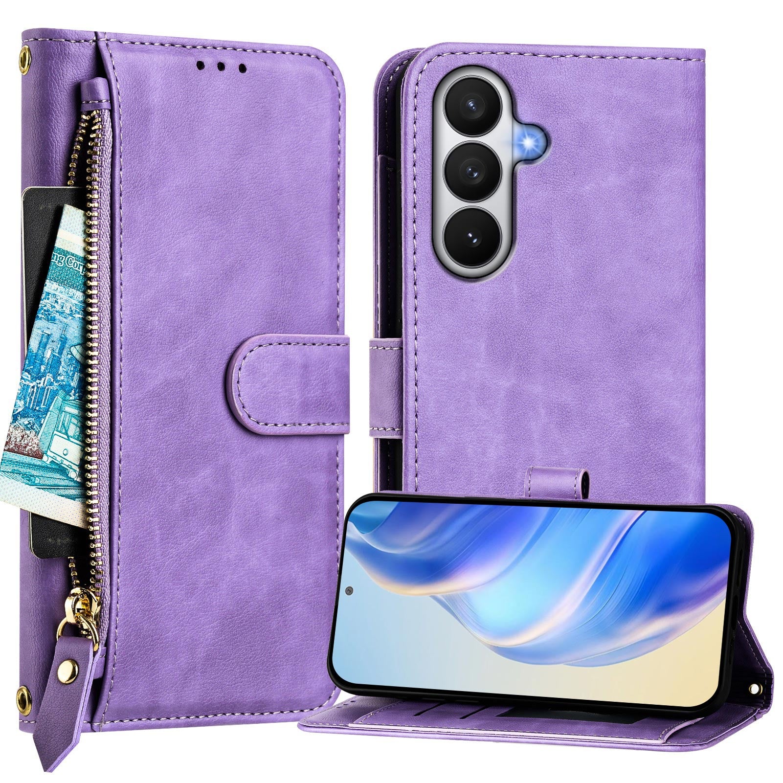 For-Samsung-Galaxy-S26-/-S26-Pro-Case-Zipper-Pocket-Multiple-Card-Slots-Leather-Phone-Cover-Purple
