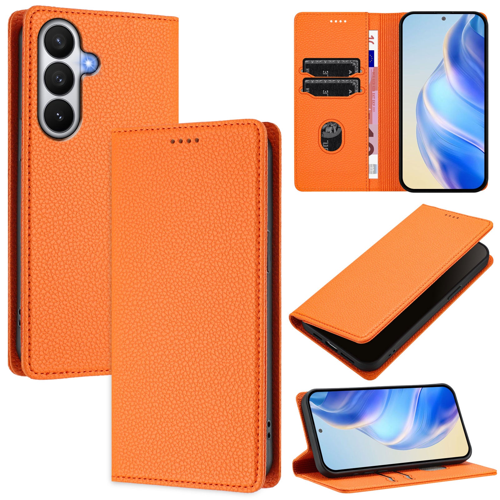 For-Samsung-Galaxy-S26-/-S26-Pro-Wallet-Case-RFID-Blocking-Litchi-Texture-Leather-Mobile-Cover-Orange