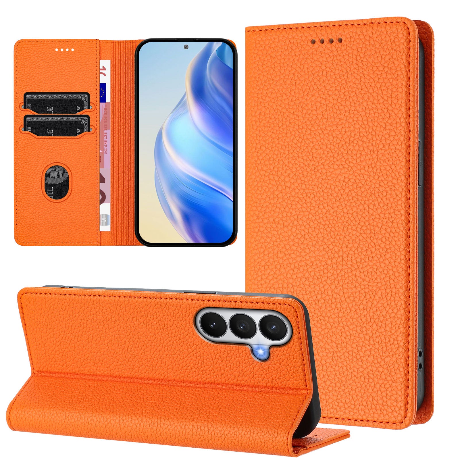 For-Samsung-Galaxy-S26-/-S26-Pro-Wallet-Case-RFID-Blocking-Litchi-Texture-Leather-Mobile-Cover-Orange