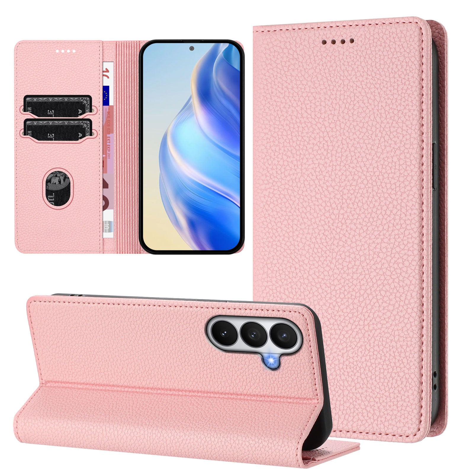 For-Samsung-Galaxy-S26-/-S26-Pro-Wallet-Case-RFID-Blocking-Litchi-Texture-Leather-Mobile-Cover-Pink