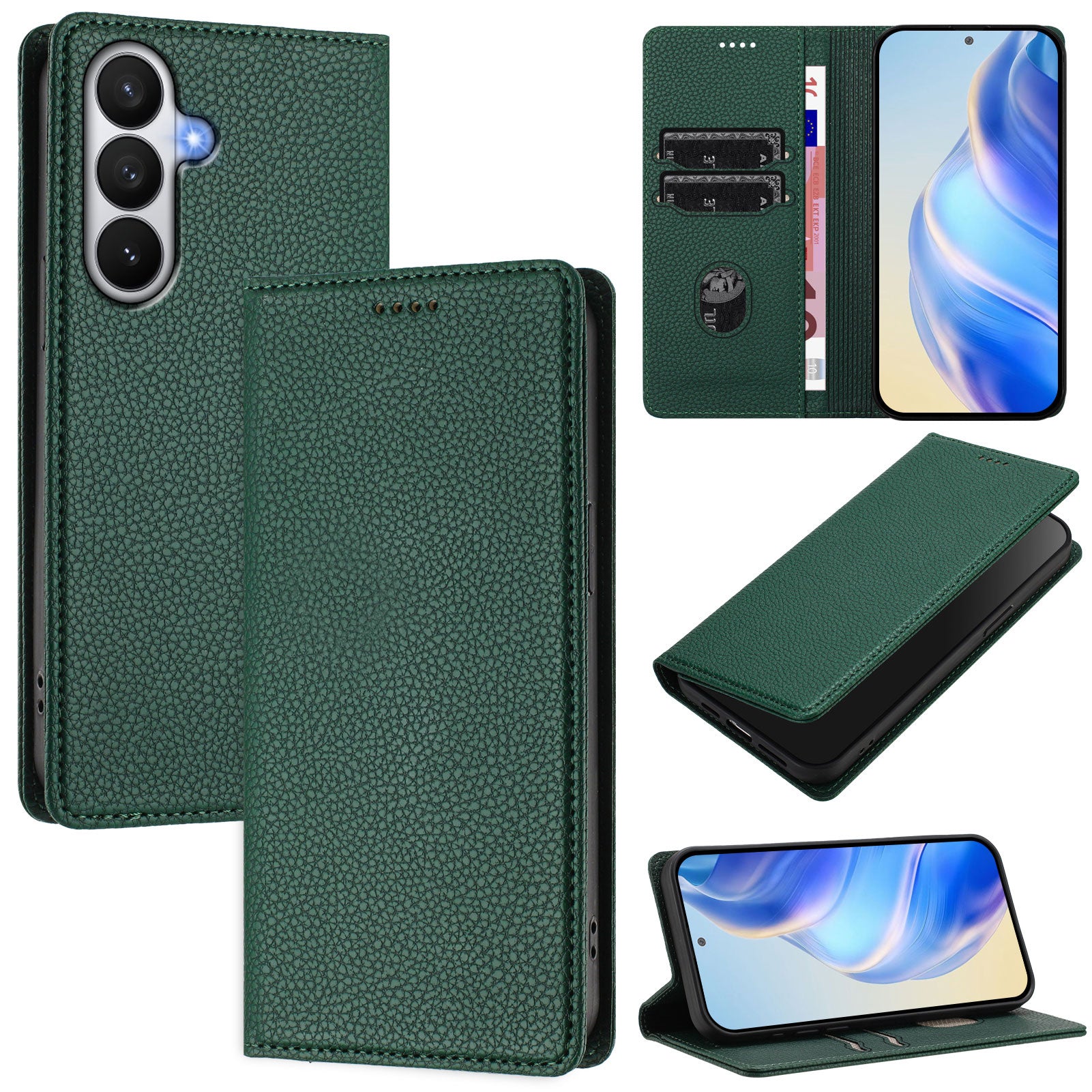 For-Samsung-Galaxy-S26-/-S26-Pro-Wallet-Case-RFID-Blocking-Litchi-Texture-Leather-Mobile-Cover-Dark-Green