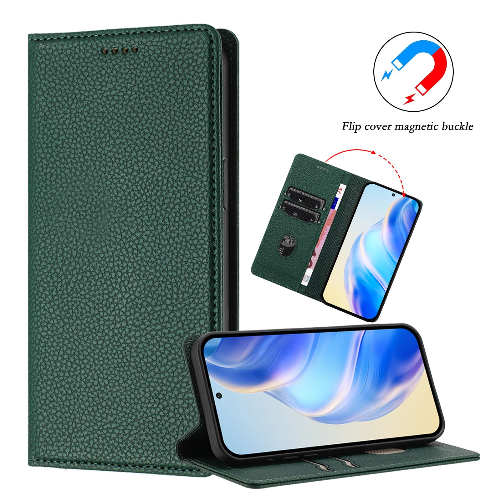 For-Samsung-Galaxy-S26-/-S26-Pro-Wallet-Case-RFID-Blocking-Litchi-Texture-Leather-Mobile-Cover-Dark-Green