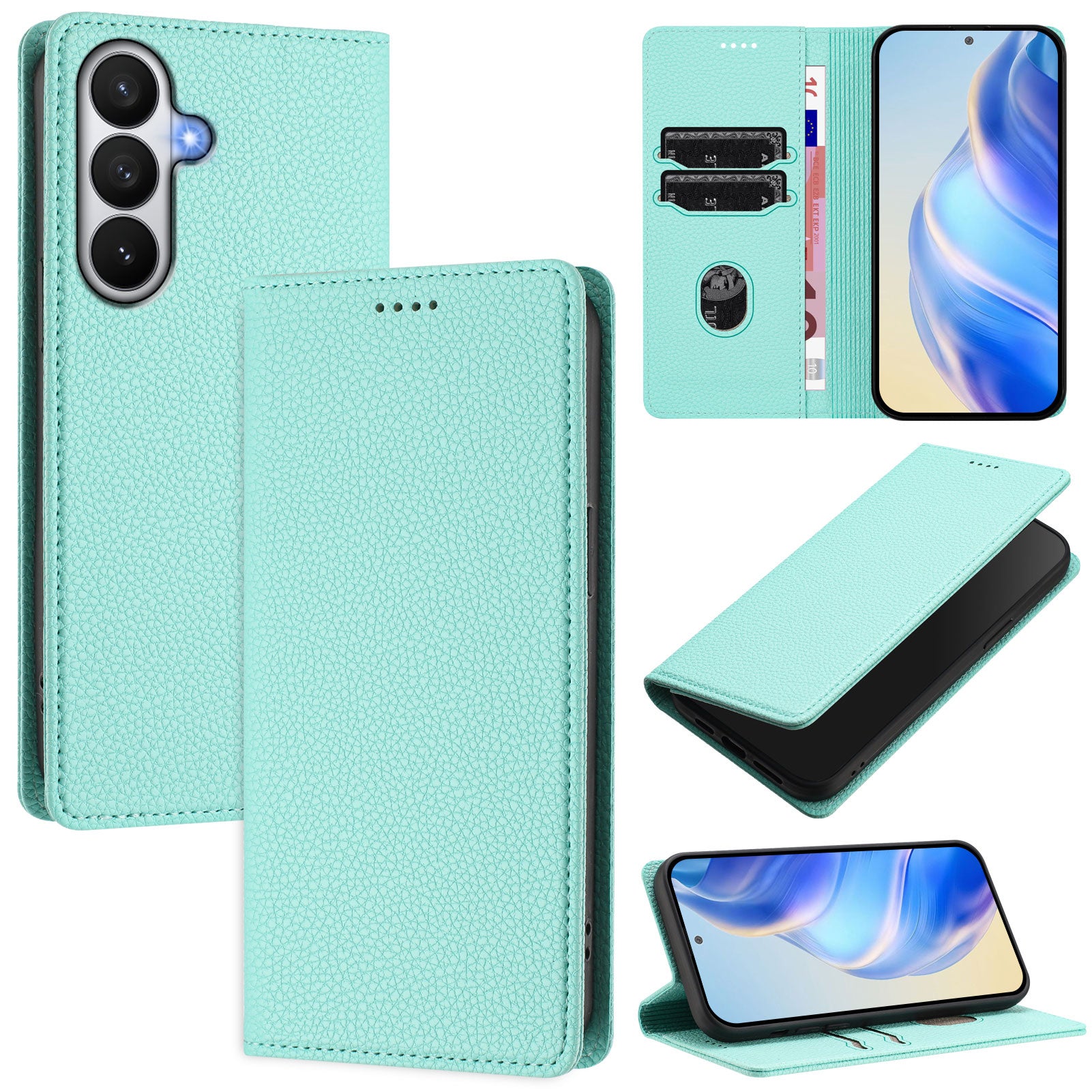 For-Samsung-Galaxy-S26-/-S26-Pro-Wallet-Case-RFID-Blocking-Litchi-Texture-Leather-Mobile-Cover-Mint-Green