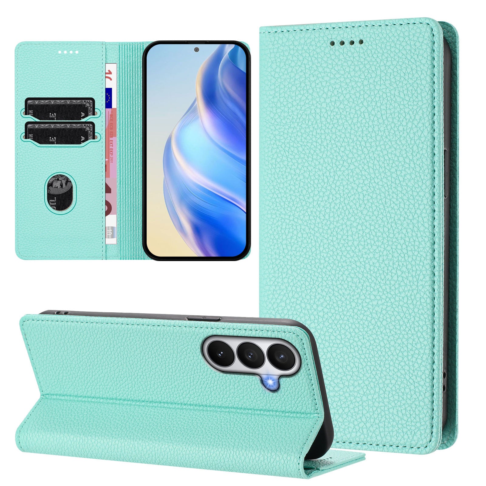 For-Samsung-Galaxy-S26-/-S26-Pro-Wallet-Case-RFID-Blocking-Litchi-Texture-Leather-Mobile-Cover-Mint-Green